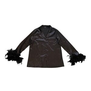 Boohoo Black Satin Feather Trim Button Down Pajama Top Blouse US 4